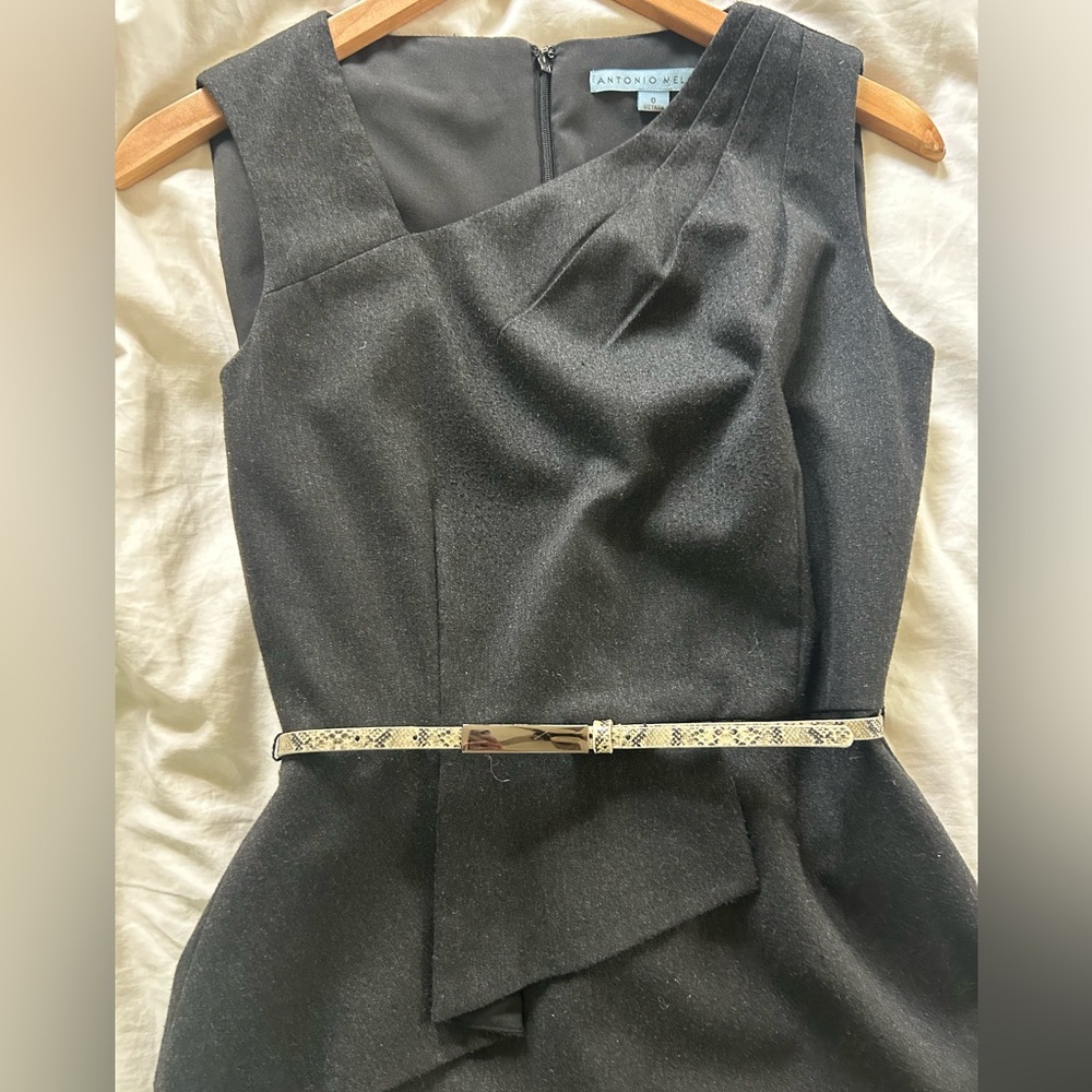 ANTONIO MELANI Black Peplum Asymmetrical Dress with Snakeskin Belt- Sz 0 - Picture 6 of 12